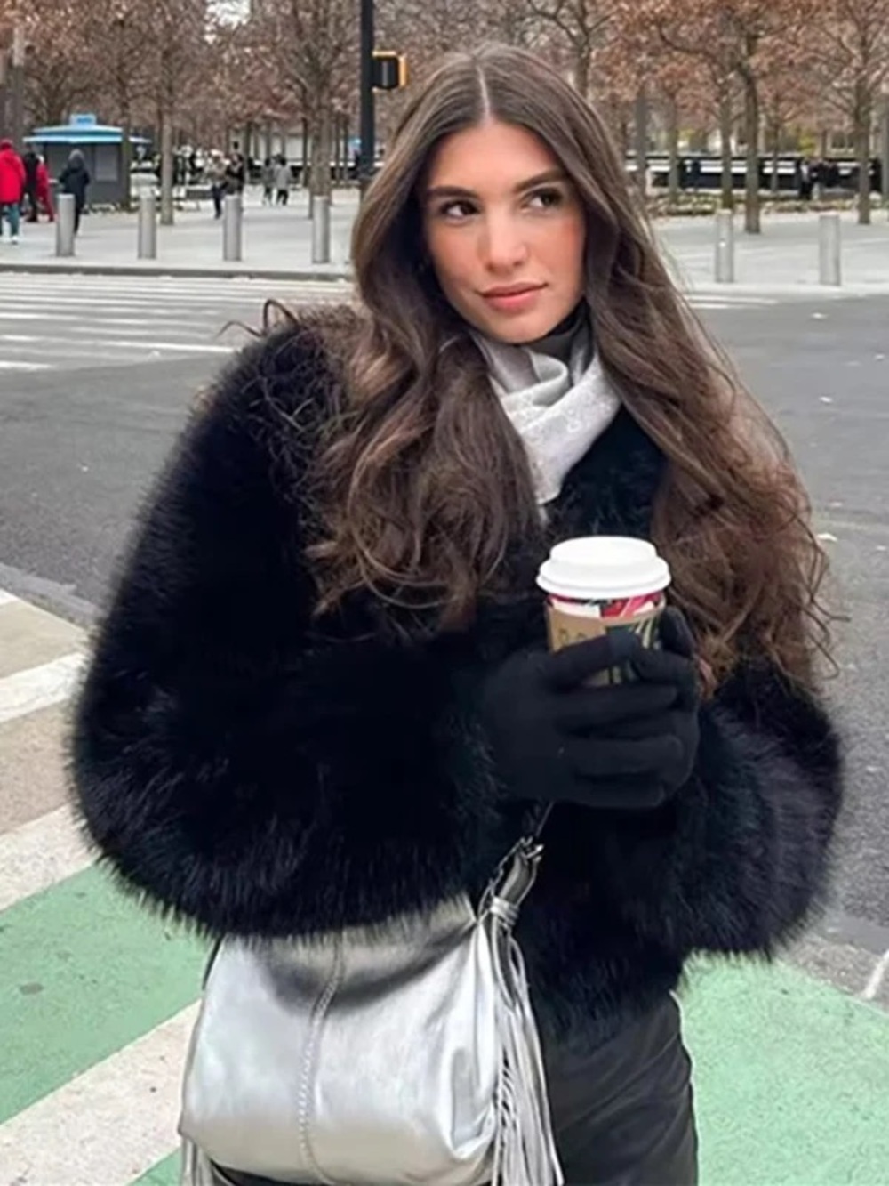 Black Faux Fur Cropped Jacket - Women